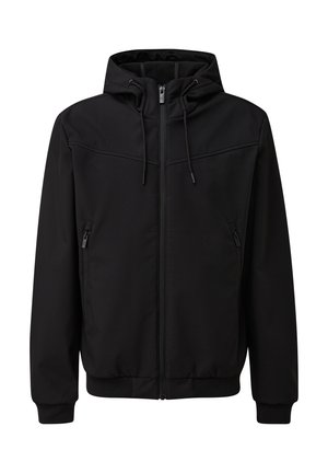 Schwarze Kapuzenjacke aus weichem Stoff, mit einem Frontreißverschluss, zwei seitlichen Taschen und gerippten Bündchen und Saum. Glatte Textur ohne Muster.