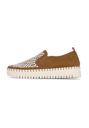 Slip-on shoe with a brown suede heel and side, featuring a patterned fabric upper in white and brown, and a thick white, textured sole.