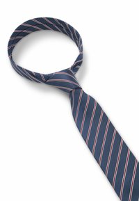 Cravatta blu navy con strisce diagonali rosse e bianche, caratterizzata da una trama liscia e un design classico. Nodo fatto in cima per l'uso.