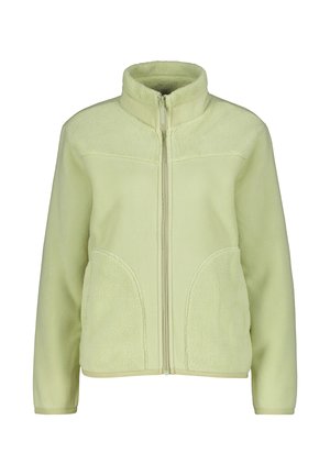 Hellgrüne Fleecejacke mit durchgehendem Frontreißverschluss, hohem Kragen und zwei Fronttaschen.
