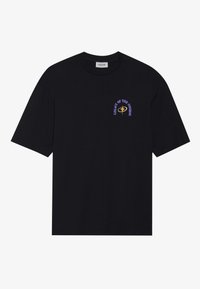 Black cotton t-shirt with short sleeves, featuring "LEGACY OF THE COSMOS" in purple and gold embroidery on the left chest.