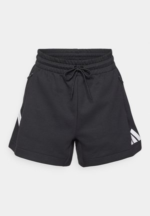 Black athletic shorts with an elastic waistband and drawstring. Features two side pockets and a white diagonal logo accent on the side.