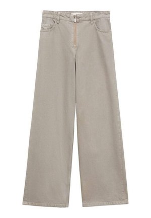Beige leveled pants made of smooth fabric. Featuring a zip fly, belt loops, and front pockets.