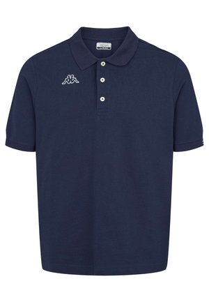 Mørkeblå poloshirt med korte ærmer, tre knapper, krave og hvidt Kappa-logo på venstre bryst.