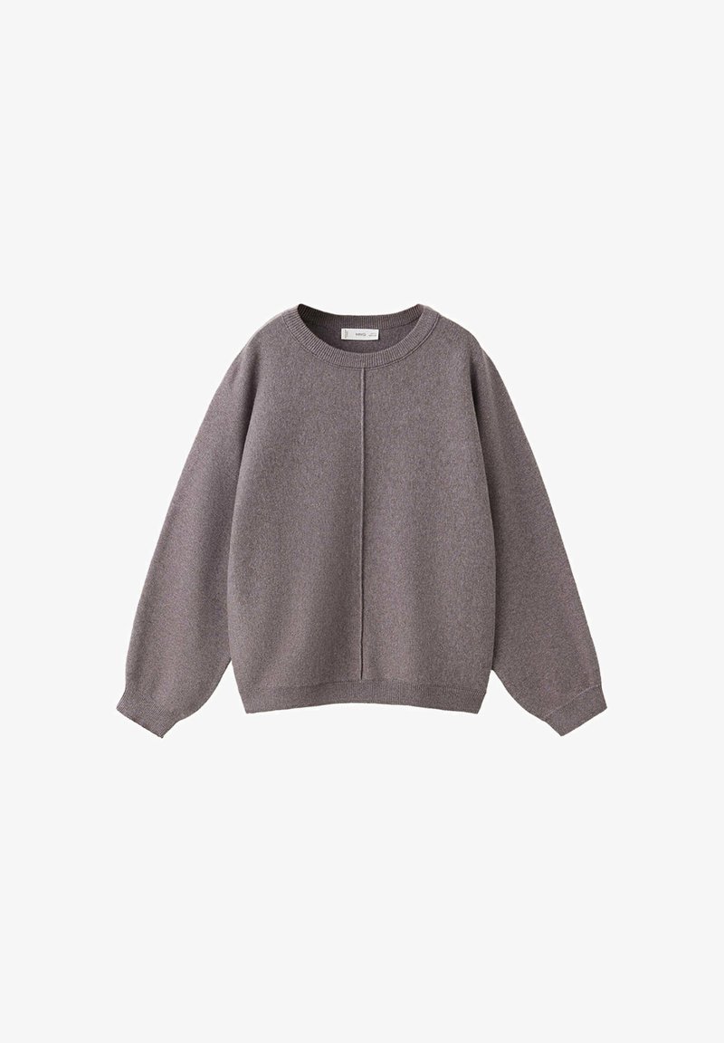 Pull gris en maille à manches longues, col rond, poignets et ourlet côtelés, présenté sur fond blanc.