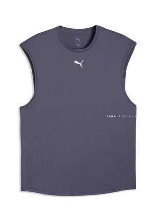 Débardeur de course Puma gris foncé avec encolure ronde, logo Puma blanc sur la poitrine et texte "Puma Running" sur la partie inférieure.