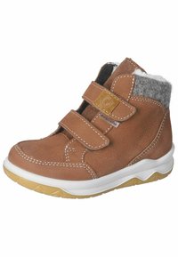 Stivaletti in pelle marrone con cinturini in velcro, fodera in pile grigia al colletto, suola intermedia bianca e suola esterna in gomma testurizzata.
