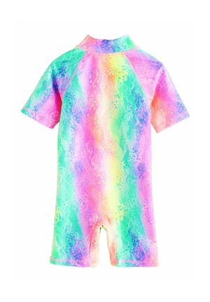 Maillot de bain à manches courtes, multicolore, avec un motif ondulé dans des teintes de rose, vert et jaune. Fabriqué en tissu lisse et extensible.