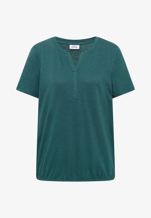 Dunkelgrünes Top mit kurzen Ärmeln, V-förmigem Ausschnitt und elastischem Saum, hergestellt aus leichtem, strukturiertem Stoff.
