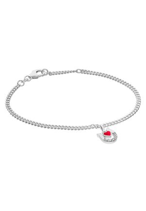 Silver chain bracelet with horseshoe charm featuring small clear stones and a red heart in the center, secured by a lobster clasp.