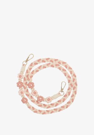 Guinzaglio intrecciato per animali domestici in rosa e crema, con dettagli floreali e ganci in metallo dorato. Realizzato in materiale resistente con una texture morbida.