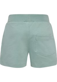 Mintgröna shorts med en mjuk textur, som har ett brett elastiskt midjeband och en enda bakficka. Enkelt och funktionellt design.
