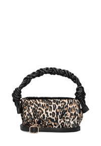 Leopard print bag with a knotted black leather handle, rectangular shape, contrasting textures, gold hardware, and flat base.
