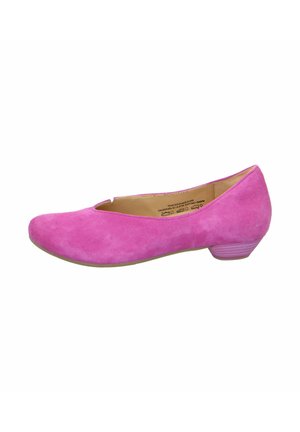 Pink suede ballet flats with a rounded toe, low heel, and a subtle cutout design. Features smooth texture and textured sole for grip.
