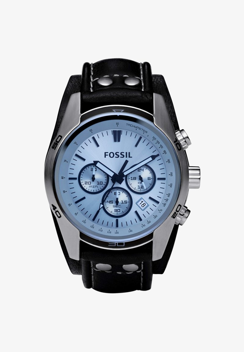 Montre Fossil avec un boîtier en acier inoxydable argenté, un cadran bleu, des fonctionnalités de chronographe, un bracelet en cuir noir et des accents en matériel argenté.