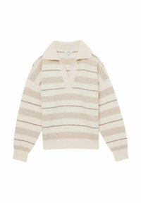 Strikpullover med et lyst creme- og beige stribet mønster, der har en dyb V-udskæring og en foldet krave. Blød tekstur med løse ærmer.