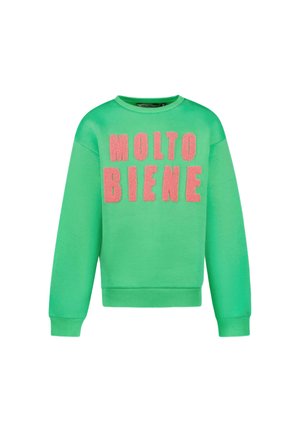 Groene sweatshirt met ribgebreide manchetten en onderrand, voorzien van roze fuzzy lettertype "MOLTO BIENE" gecentreerd op de voorkant. Zachte stoftextuur.