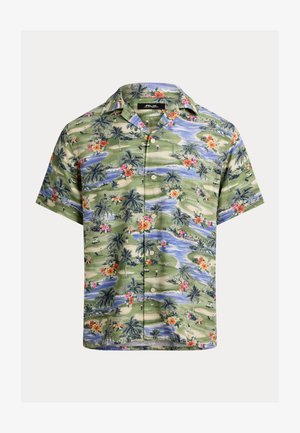 Short-sleeve shirt in green fabric featuring a tropical print with flowers, palm trees, and water, accented with buttons down the front.