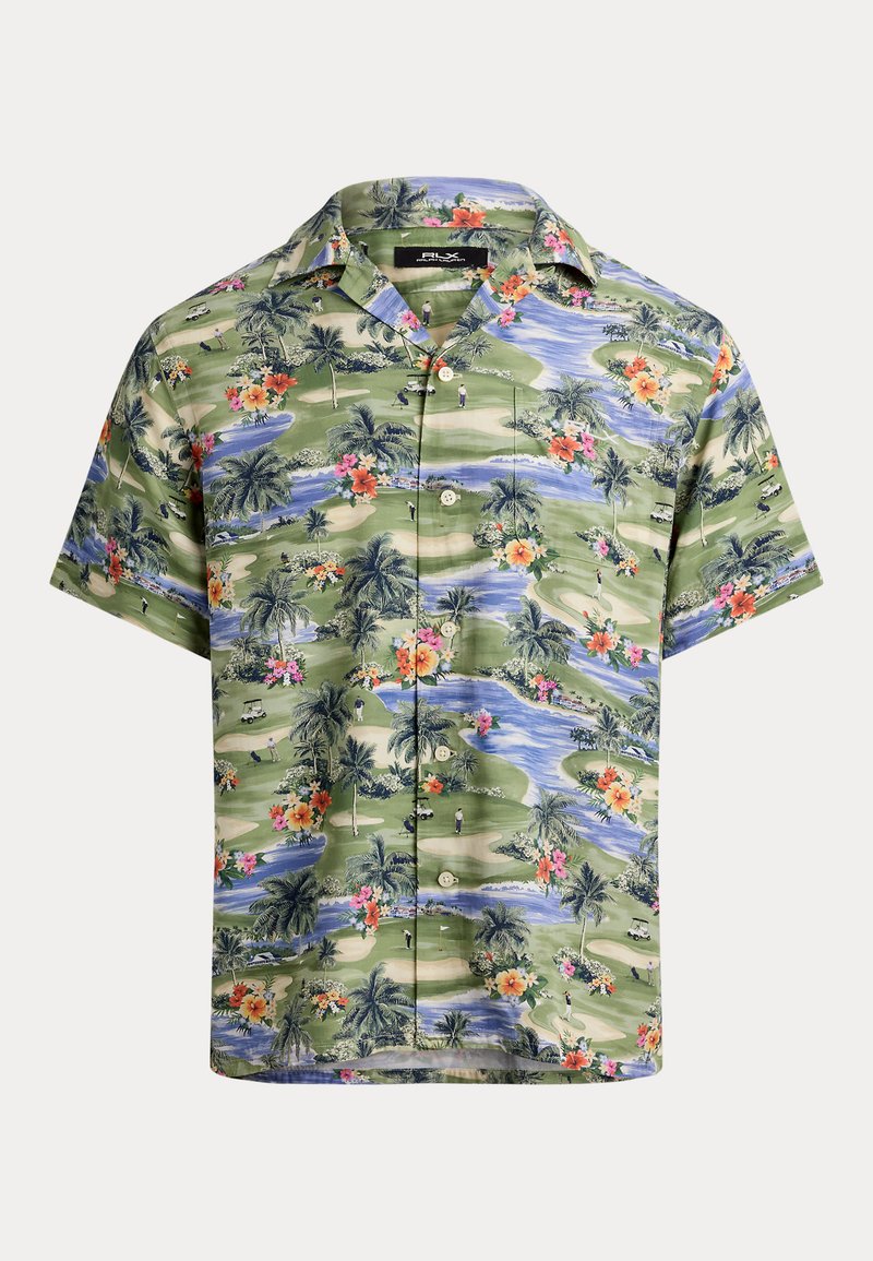 Short-sleeve shirt in green fabric featuring a tropical print with flowers, palm trees, and water, accented with buttons down the front.