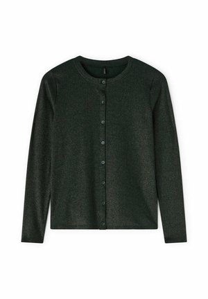 Dunkelgrüner Langarm-Cardigan mit Knöpfen, rundem Ausschnitt und schlankem, figurbetontem Design.
