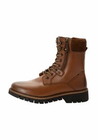 Braune Leder-Ankle-Boots mit runder Zehenpartie, Schnürung vorne, seitlichem Reißverschluss, gepolstertem Kragen und rutschfester Sohle für besseren Halt.