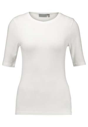 Valkoinen lyhythihainen t-paita, joka on valmistettu pehmeästä puuvillasta. Paitassa on pyöreä pääntie ja istuva malli, jossa on viimeistellyt hihansuut ja helma.