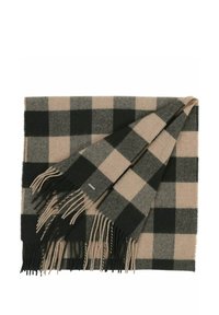 Coperta in misto lana a quadri beige e verde scuro. Presenta bordi frangiati e un motivo a scacchi con una texture liscia.