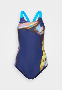 Costum de baie întreg de culoare bleumarin, cu bretele albastre, prezentând un design abstract vibrant în nuanțe de galben și portocaliu. Textură netedă și croială modestă.