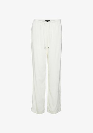 Valged lõdvad püksid, millel on elastne vöökoht, reguleeritav nöör ja sile tekstuur. Otse säärega disain, ilma lisamustriteta.