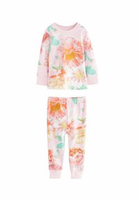 Floral two-piece pajamas featuring long-sleeve top and elastic waistband pants. Fabric is soft, in pink with large, multicolored flower prints.