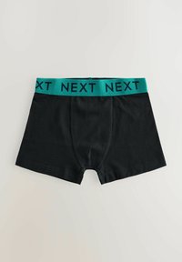 Crne bokserice od pamuka, s tirkiznim pojasom na kojem je u tamnoplavoj boji ispisano "NEXT". Glatka tekstura i dizajn srednje duljine.