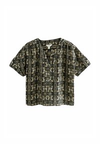 Chemise noire à manches courtes avec un imprimé floral crème, décolletée en V et coupe décontractée. Fabriquée en tissu léger.