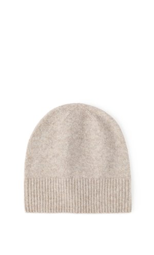 Bonnet tricoté beige doux avec revers côtelé, montré à plat sur un fond blanc.