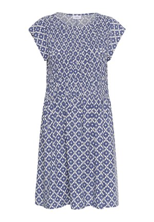 Niebieska i biała sukienka w wzór z krótkimi bufiastymi rękawami, z marszczoną talią i luźnym krojem, wykonana z lekkiego materiału.
