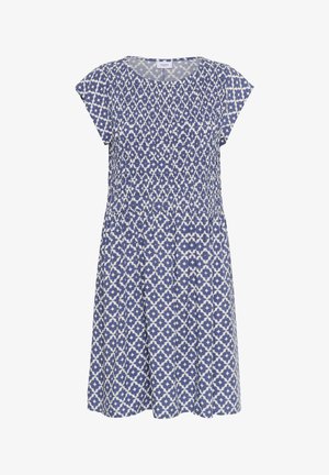 Niebieska i biała sukienka w wzór z krótkimi bufiastymi rękawami, z marszczoną talią i luźnym krojem, wykonana z lekkiego materiału.