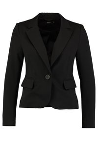 Veste noire cintrée avec une fermeture à un bouton, des revers crantés, deux poches avant et des manches longues. Tissu lisse et structuré.