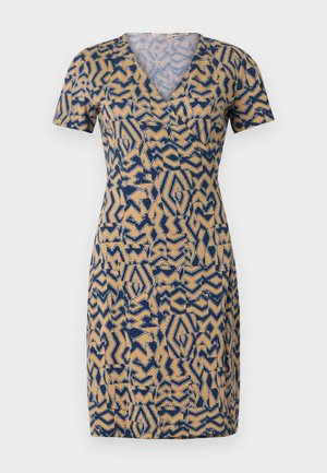 Short-sleeve dress in beige with a blue abstract pattern, featuring a V-neck and a fitted waist. Made of lightweight fabric.