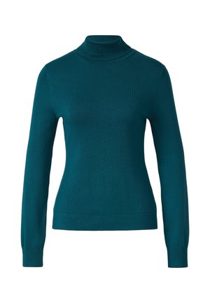 Maglione a dolcevita teal, maniche lunghe, texture a coste, design aderente con dettagli nelle cuciture laterali, morbido tessuto a maglia.
