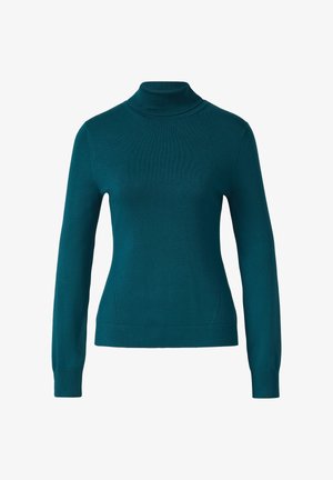 Miętowy sweter z golfem, długie rękawy, ryżowy wzór, dopasowany krój z detalem wzdłuż bocznego szwu, miękka dzianina.