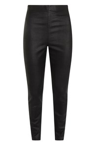 Svarta leggings med en åtsittande design, tillverkade av ett texturerat material med ett subtilt krokodilmönster. Ingen synlig hårdvara eller accenter.