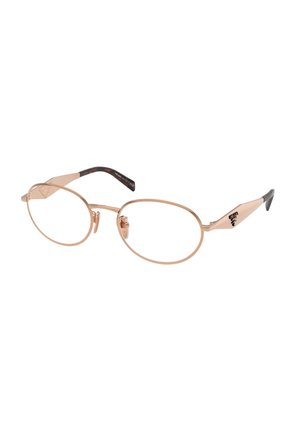 Cienkie metalowe okulary owalne z oprawą w kolorze różowego złota i czarnymi zausznikami, logo Prada na bokach zauszników.