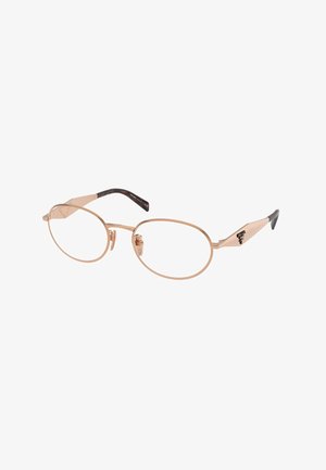 Cienkie metalowe okulary owalne z oprawą w kolorze różowego złota i czarnymi zausznikami, logo Prada na bokach zauszników.