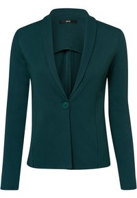 Tyrkysový blazer vyrobený z jemné tkaniny, s klopovým límečkem, zapínáním na jeden knoflík a dlouhými rukávy. Hladká textura a přiléhavý střih.