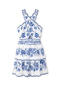 Witte katoenen jurk met blauwe bloemen- en paisleyborduursels, gegolfde randen, kruislings banden en gelaagde ruches rok.