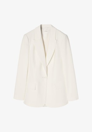 Weißes Blazer mit Reverskragen, Ein-Knopf-Verschluss und zwei Fronttaschen. Glatter Stoff mit taillierter Passform, minimalistisches Design.