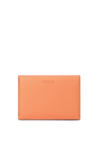 Orange leather wallet with embossed "VUCH" logo, rectangular shape, smooth texture, minimalistic design, no visible hardware or accents.