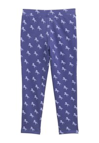 Leggings violettes en tissu doux, avec un motif répétitif de chevaux de couleur claire sur toute la surface. Taille élastique incluse.
