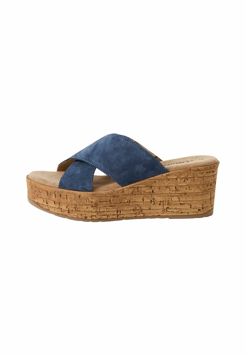Blauwe suède platform sandalen met een kurken wedge hak. Kruzende banden en een gestructureerde zool verbeteren grip en comfort.