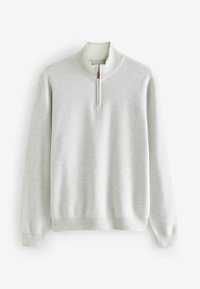 Ljusgrå sweatshirt med hög krage och halvdold dragkedja. Tillverkad av mjukt material, med ribbstickade muddar och fåll. Enkel och mångsidig design.