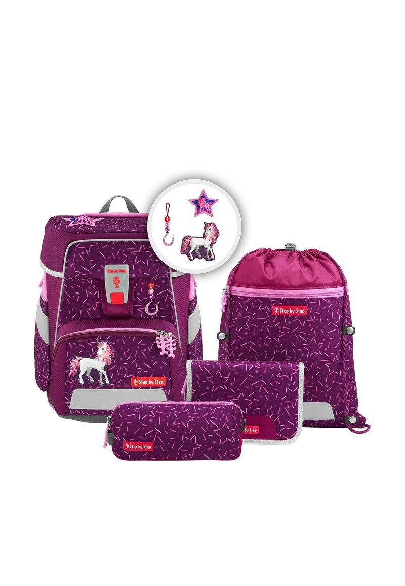 Lila Schulranzen-Set mit geometrischen Mustern, Einhornmotiven und reflektierenden Akzenten. Enthält einen Rucksack, eine Sporttasche, ein Federmäppchen und eine Geldbörse.